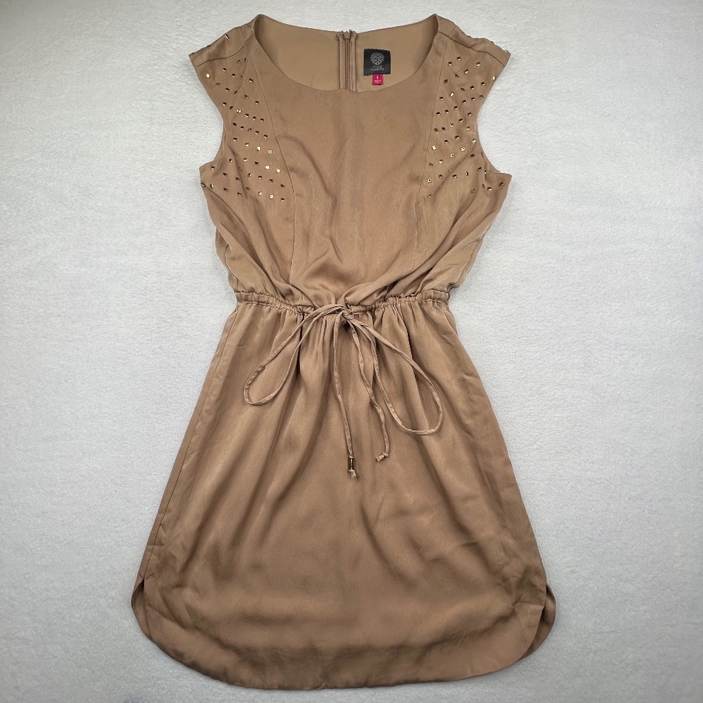 Vince Camuto Elegant Gold Studded Shoulder tie-waist Cocktail Dress Tan Size 8